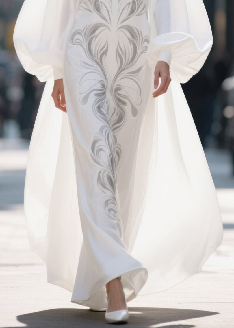 French White Stand Collar Print Chiffon Robe Dresses Lantern Sleeve