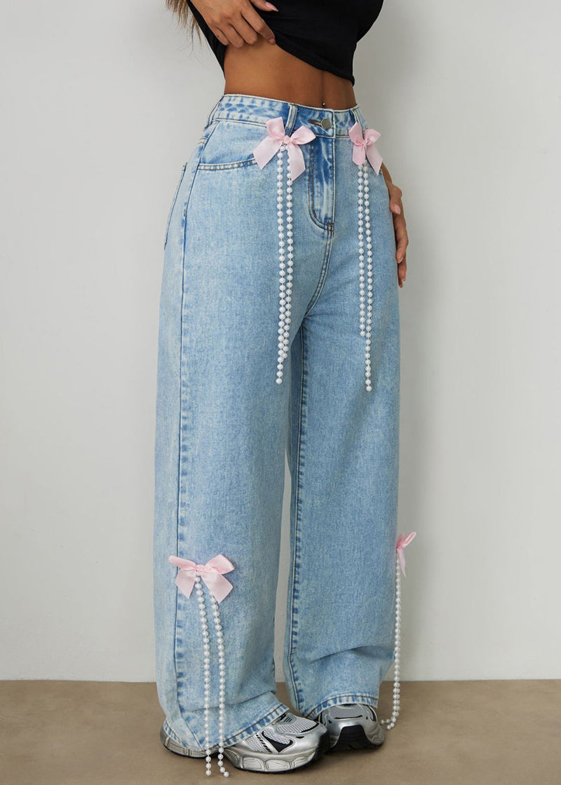 Blue High Waist Bow Pearl Tassel Wide Leg Jeans