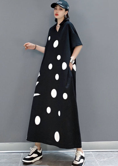 Black V Neck Dot a Line Skirts Half Sleeve