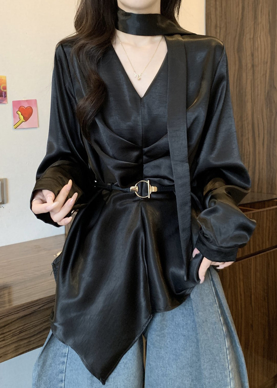 Black Asymmetrical Design Draping Silk Tunic Shirts Fall