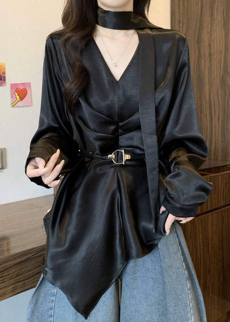 Black Asymmetrical Design Draping Silk Tunic Shirts Fall