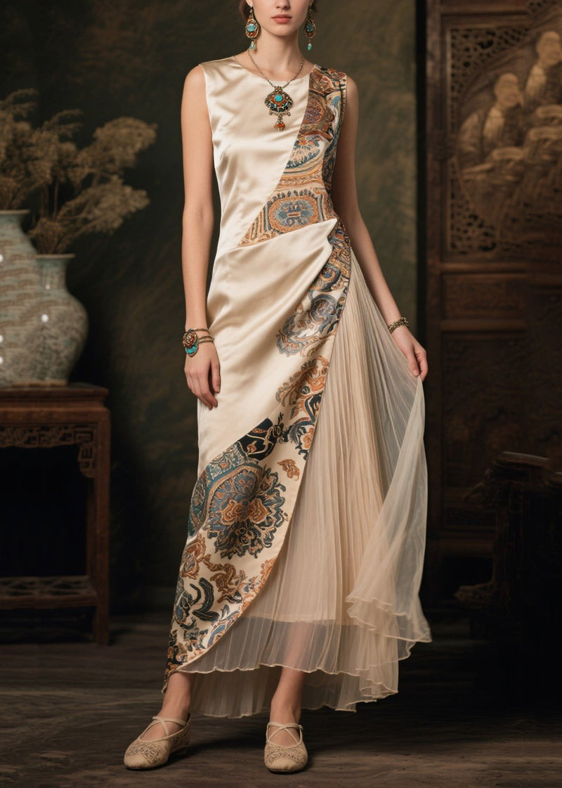 Champagne Asymmetrical Patchwork Print Silk Dresses Sleeveless