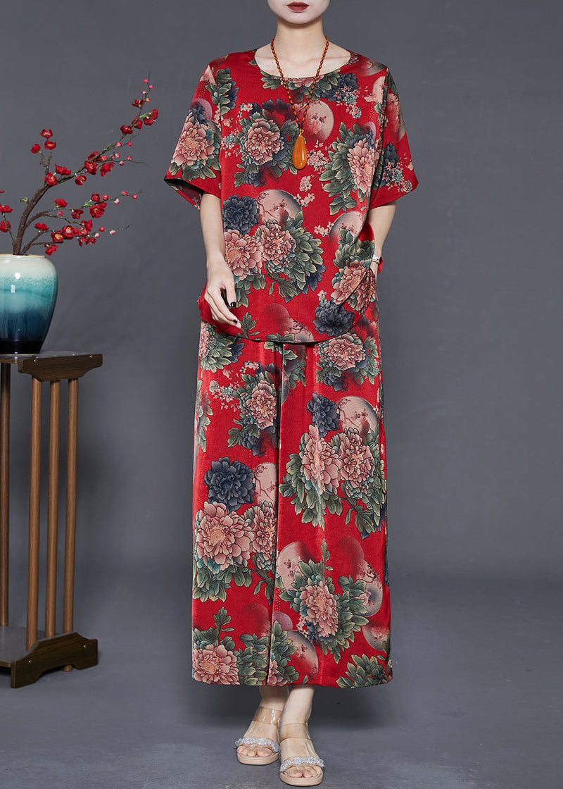 Red Print Silk Two Pieces Set Oversized Summer