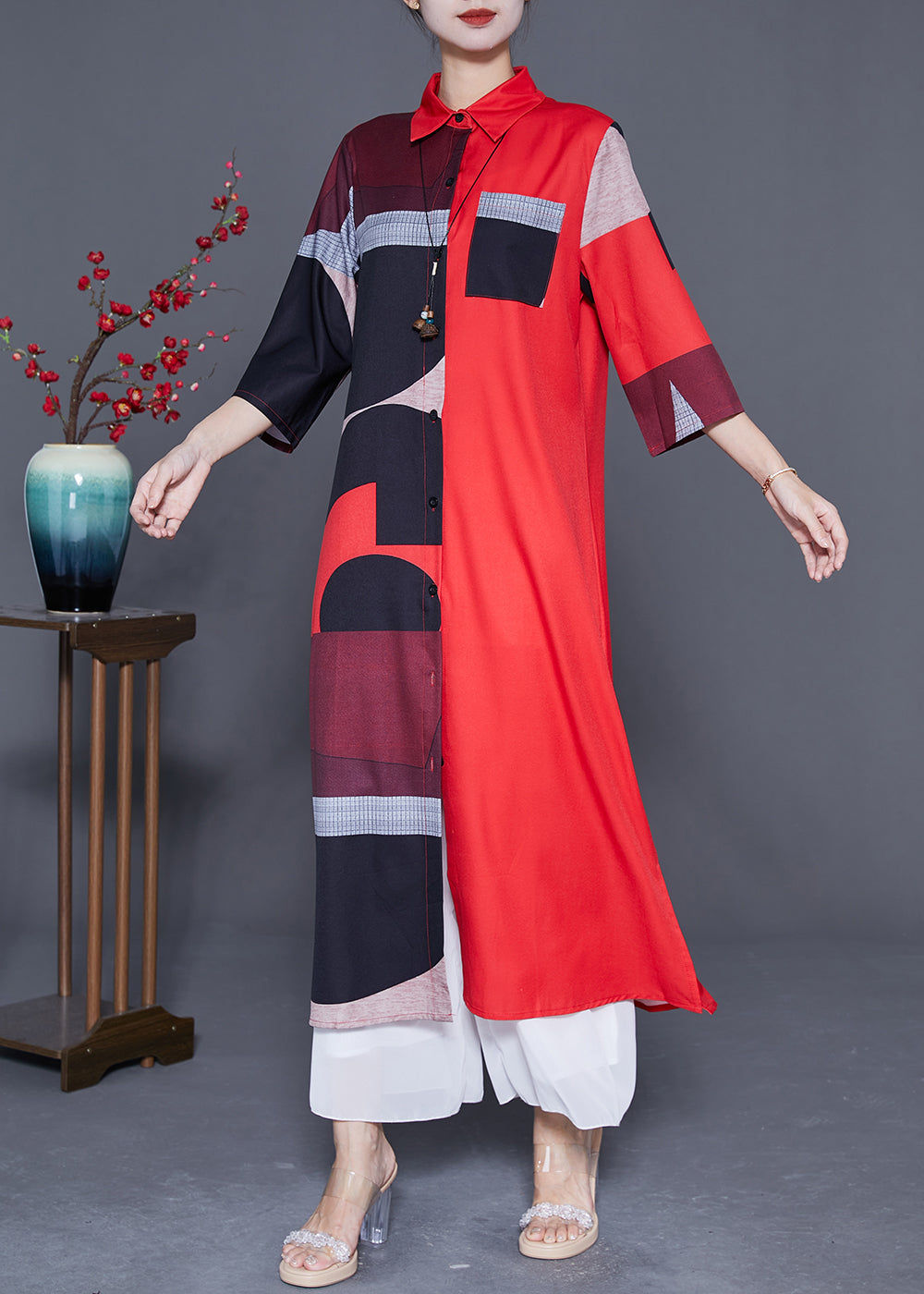 Red Asymmetrical Print Silk Maxi Dress Summer