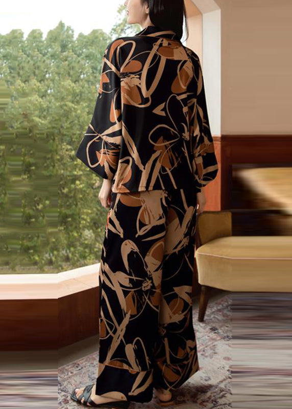 Khaki Peter Pan Collar Print Ice Silk Two Piece Set Spring