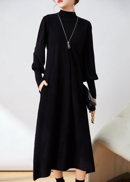 French Black Zippered Waistcoat Dresses and Top Knit Two-piece Set Winter