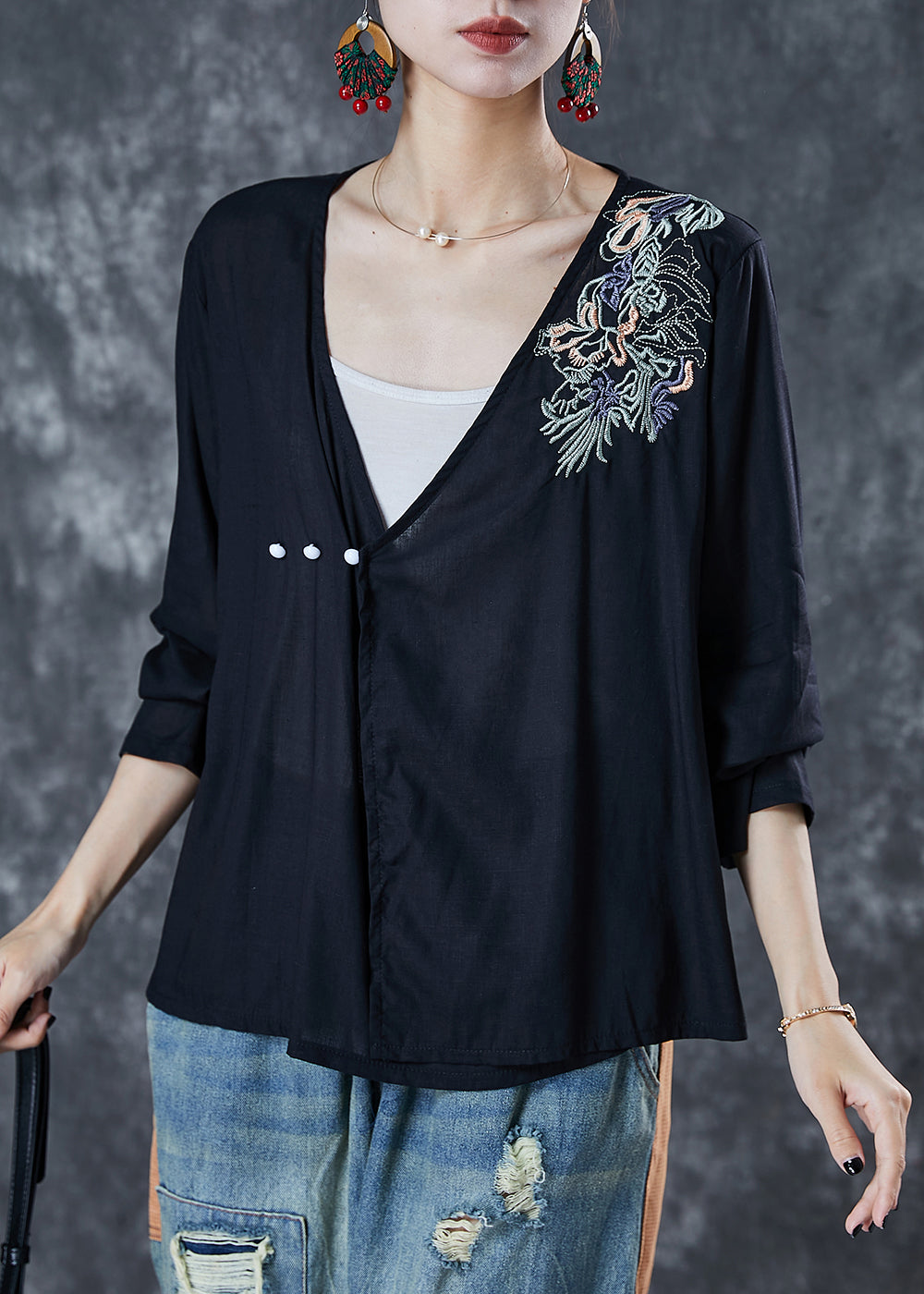 Black Embroidered Cotton Loose Blouses Summer