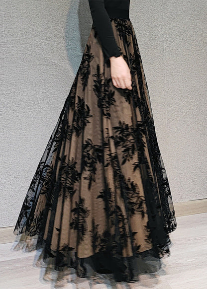 Novelty Chocolate Embroideried High Waist Draping Tulle Maxi Skirt Spring
