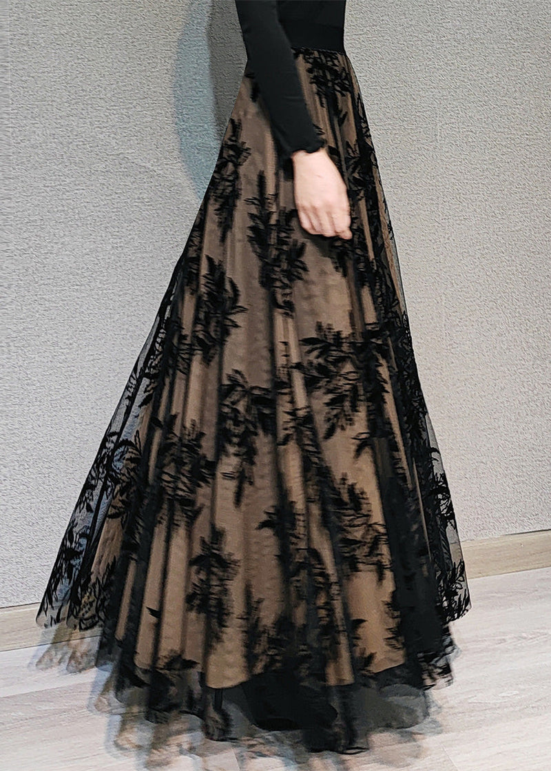 Novelty Chocolate Embroideried High Waist Draping Tulle Maxi Skirt Spring