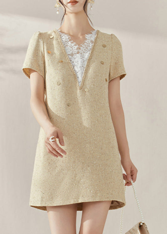Handmade Yellow V Neck Lace Patchwork Mid Dresses Short Sleeve