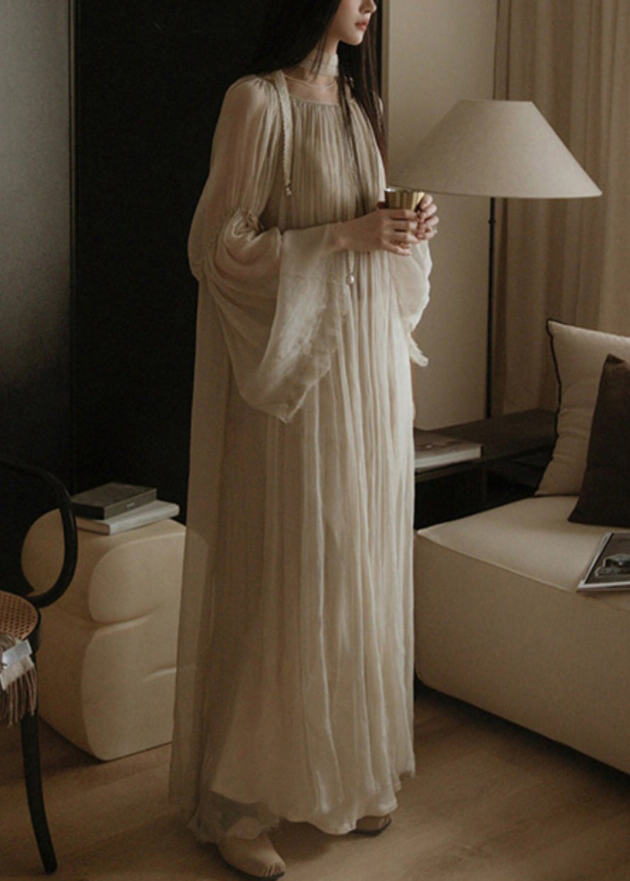 White Wrinkled Silk Cotton Long Dress Flare Sleeve