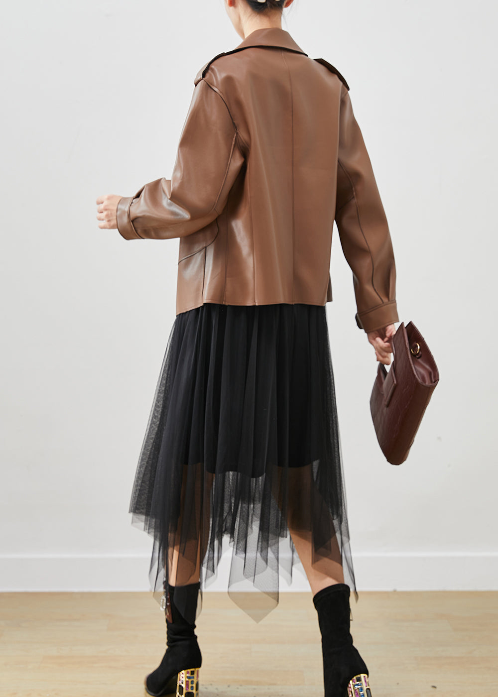 Khaki Faux Leather Coats and Tull Dress Two Piece Suit Set Oversized Spring