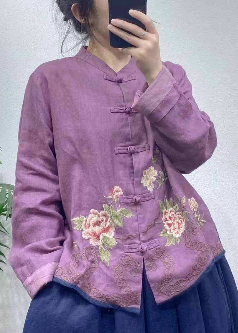 Red Embroideried Oriental Button Linen Coats Spring