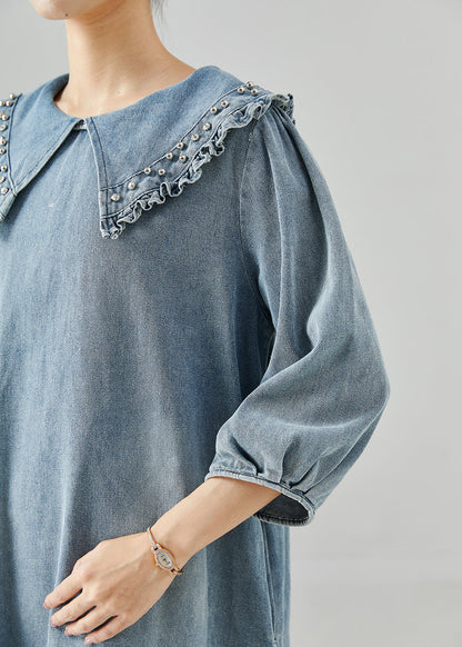 Blue Peter Pan Collar Rivet Denim Day Dress Bracelet Sleeve