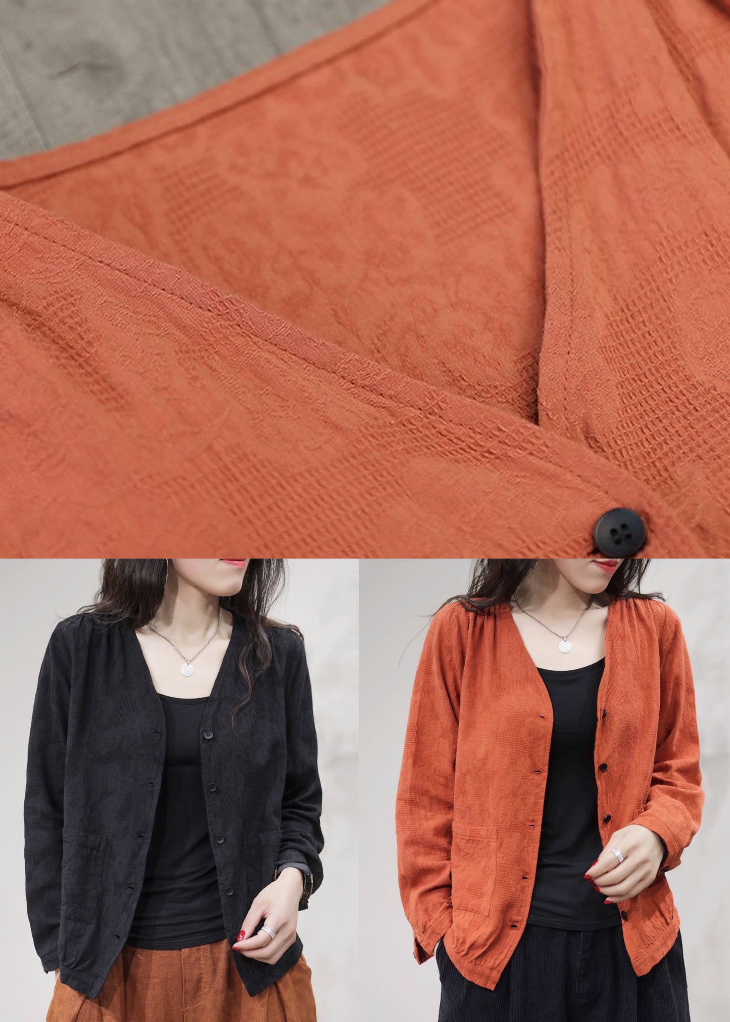 Orange Pockets Cotton Coat Coats V Neck Fall