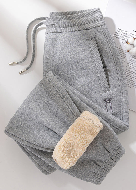 Grey Pockets Elastic Waist Teddy Warm Fleece Pants Winter