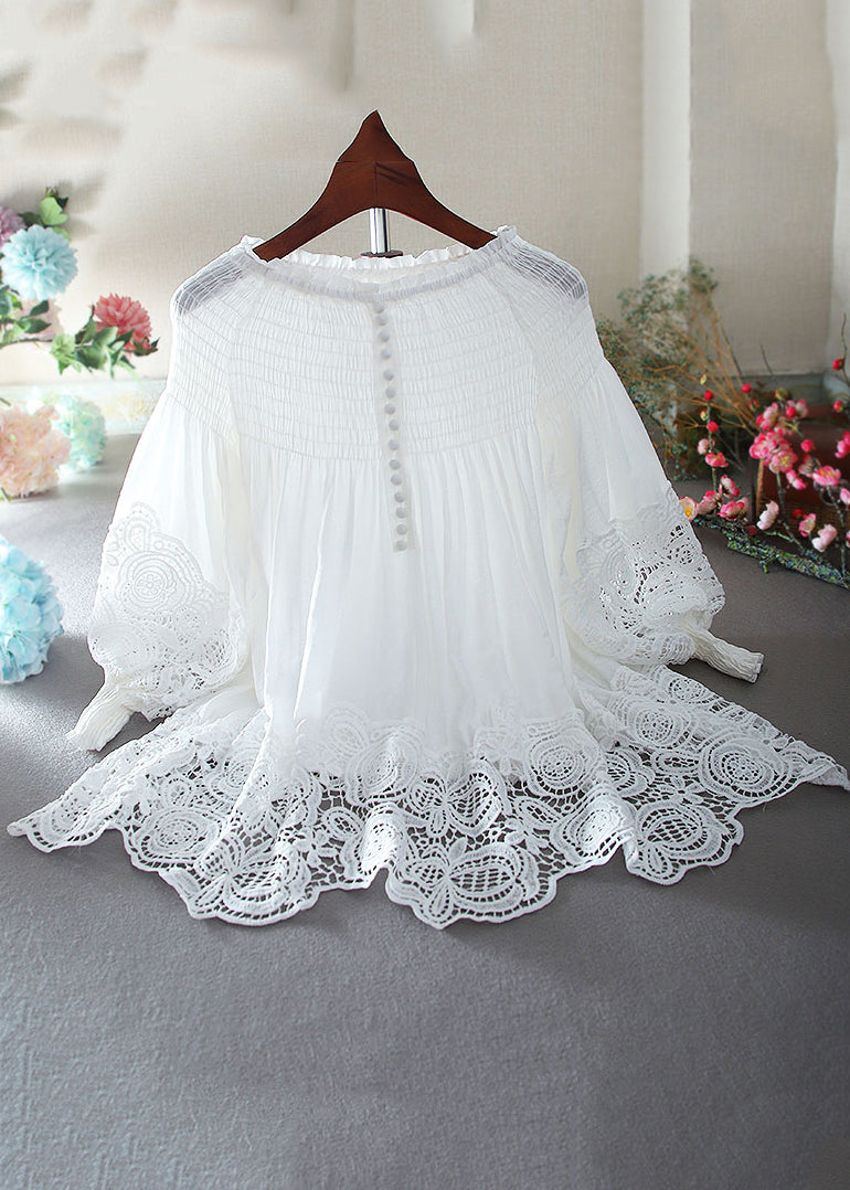 French White O-neck Wrinkled Patchwork Hollow Out Shirt Long Sleeve