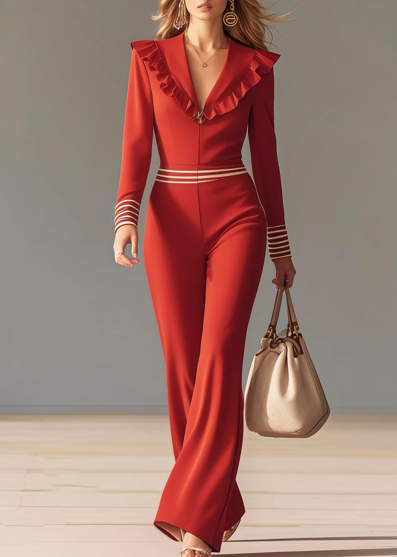 Red Ruffled Patchwork Chiffon Overalls Jumpsuit Spring