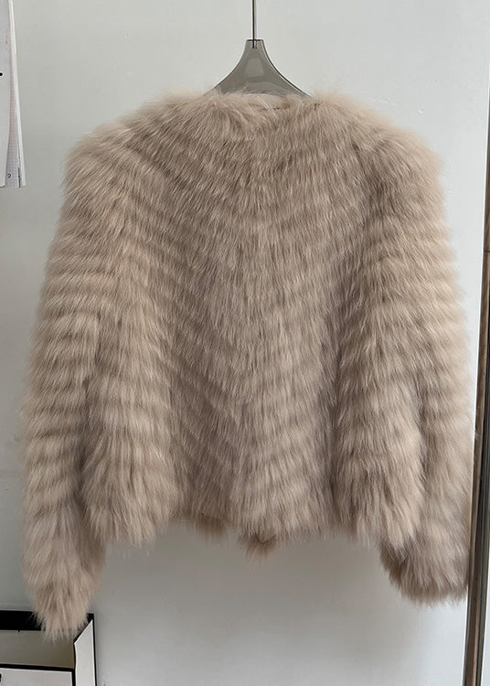 Italian Milk Tea Color V Neck Lace Up Leather and Fur Coats Winte