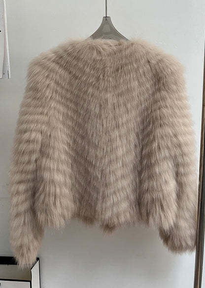 Italian Milk Tea Color V Neck Lace Up Leather and Fur Coats Winte