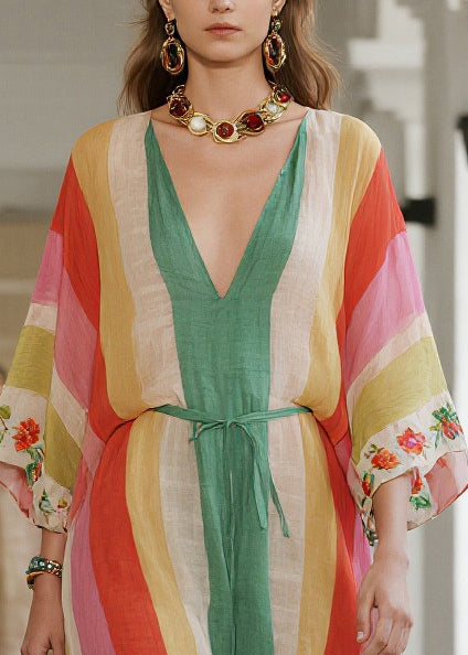 Rainbow Striped Tie Waist Cotton Tunic Dresses Summer