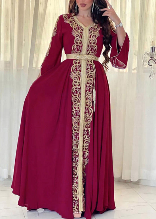 Loose Mulberry Embroidered Patchwork Chiffon Maxi Dress Fall