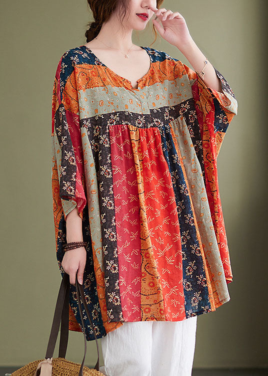 Rainbow V Neck Print Patchwork Fall Shirt Top Three Quarter Sleeve