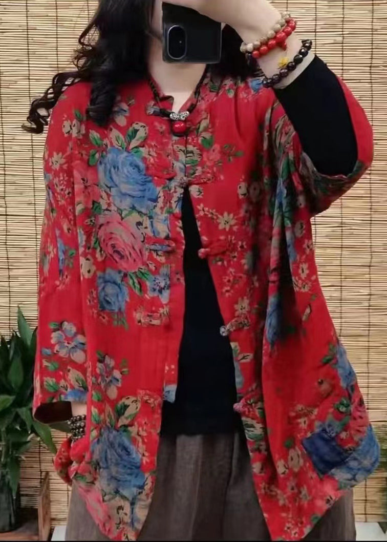 Modern Red Stand Collar Print Button Pockets Cotton Coats Long Sleeve