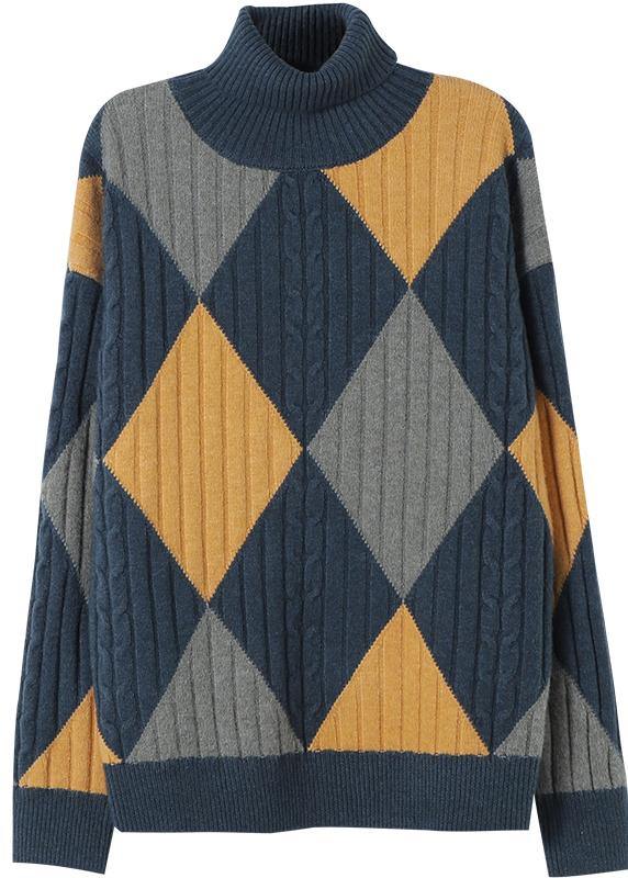 For Work Gray Blue Plaid Sweater Tops High Neck Oversized Sweaters
