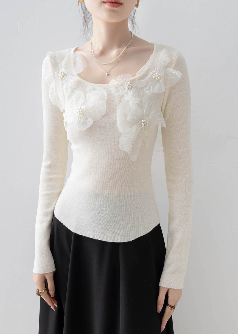 Apricot O Neck Nail Bead Knit Top Spring