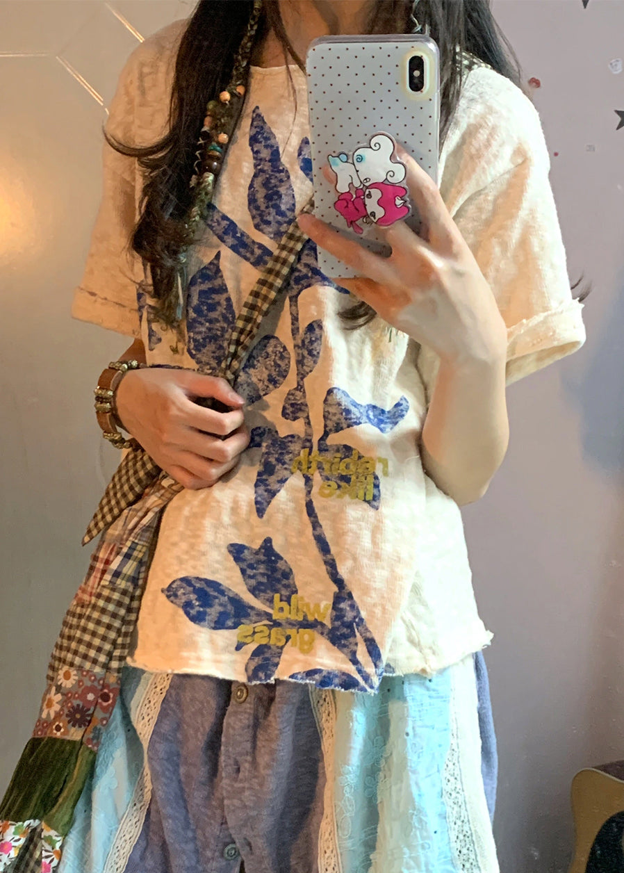 Beige Oversized Print Linen Tops Summer