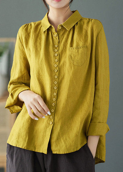 Yellow Peter Pan Collar Embroideried Linen Shirt Long Sleeve