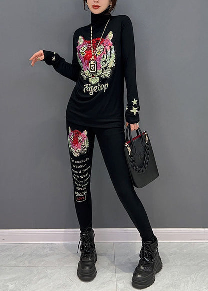 Novelty Black Turtleneck Animal Print Cotton Two Pieces Spring