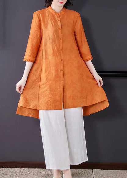 Boutique Yellow Stand Collar Tops and Pants Linen Two Piece Suit Set Spring
