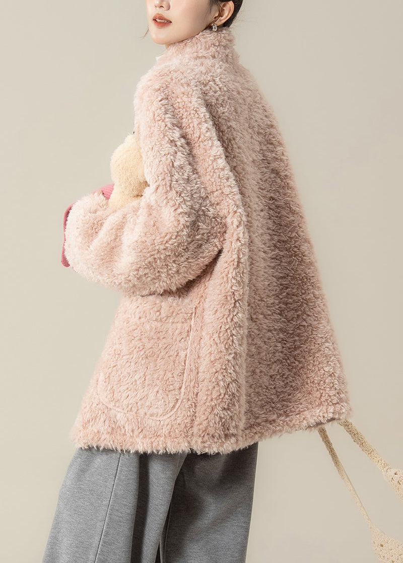 Pink Pockets Teddy Faux Fur Coat Stand Collar