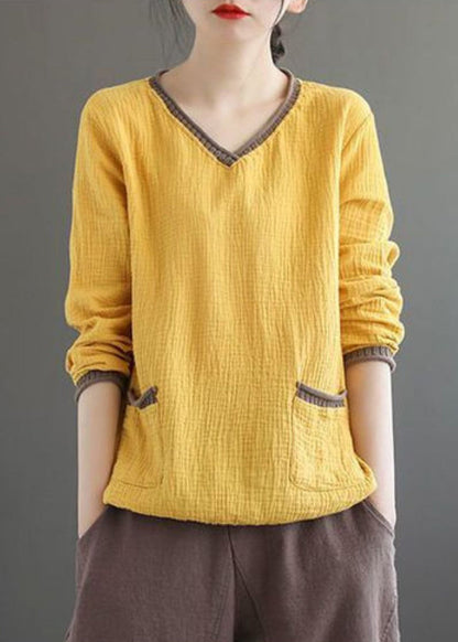 Purple V Neck Pockets Patchwork Cotton Top Fall