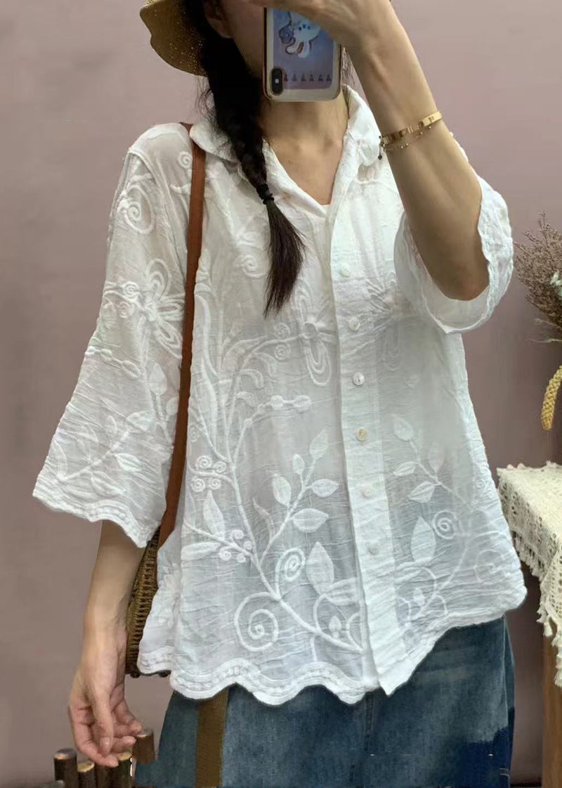 White Embroidered Cotton Top Half Sleeve