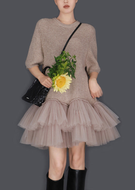 Oatmeal Color O Neck Wrinkled Tulle Patchwork Knit Sweater Dress