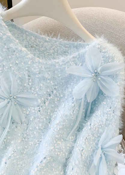 Sky Blue Decorated Sweaters Oversized Nail Bead Winter