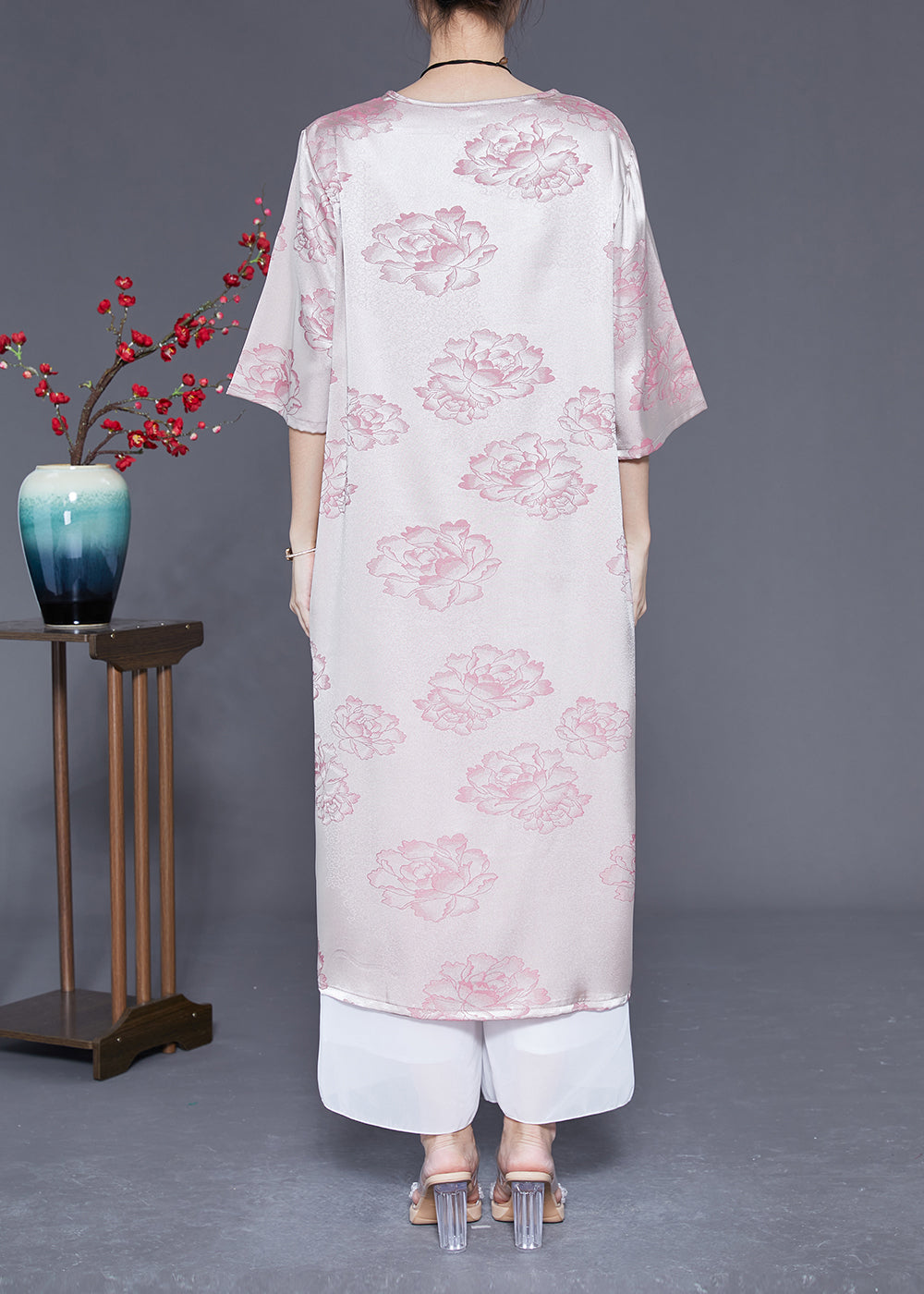 Pink O-neck Print Tassel Silk Long Dress Half Sleeve