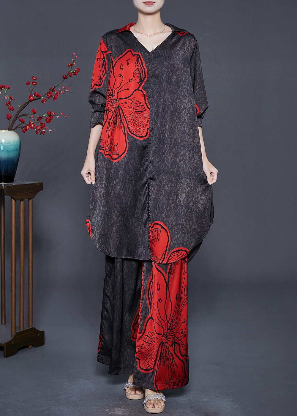 Black Oversized Print Silk Two Piece Set Outfits Fall