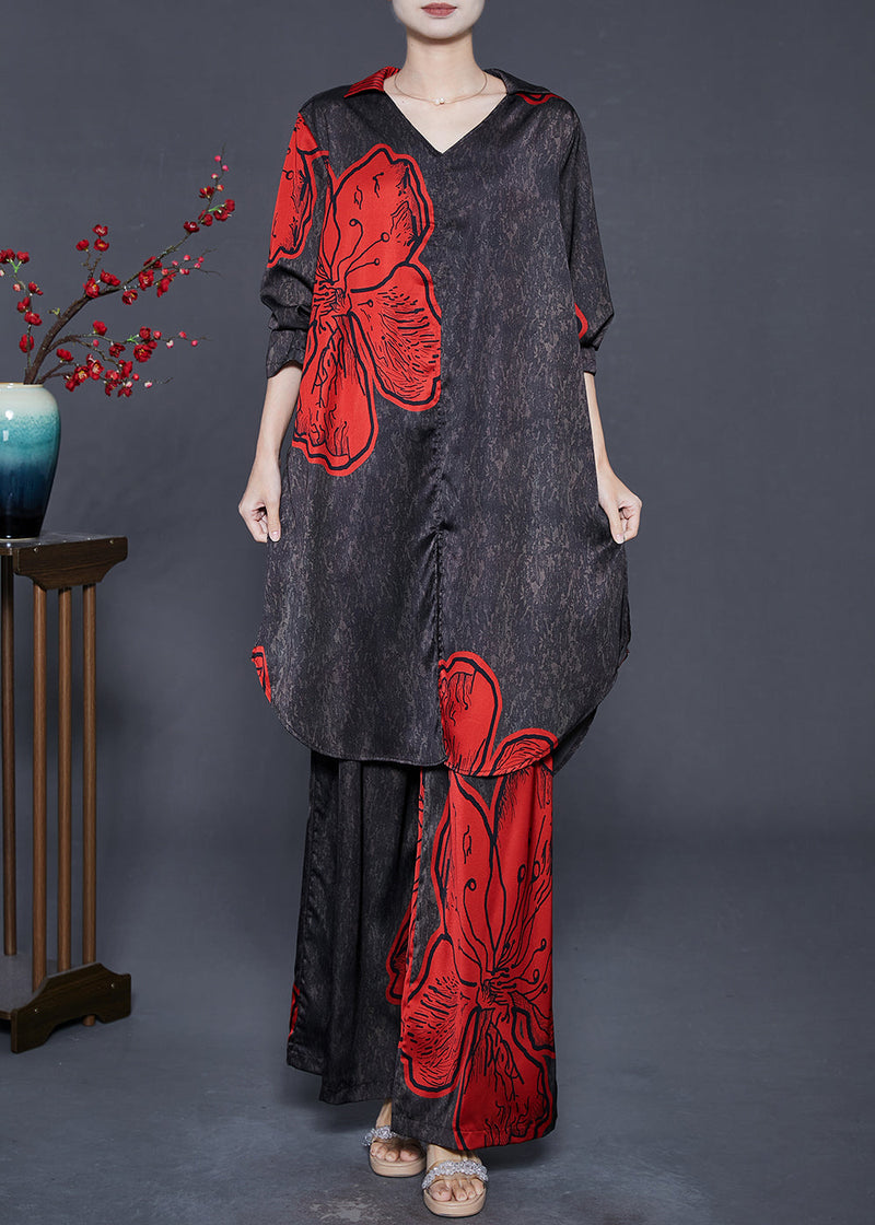 Black Oversized Print Silk Two Piece Set Outfits Fall