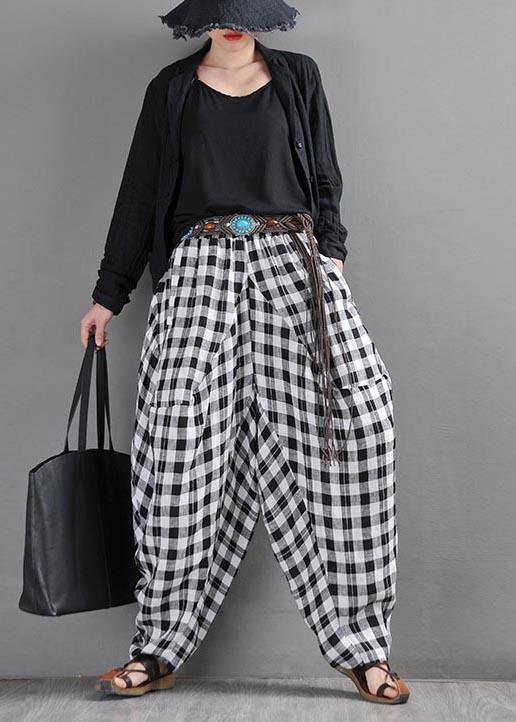 Black White Plaid Cotton Linen Harem Pants Summer