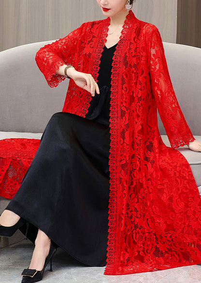 Red V Neck Long Lace Sunscreen Cardigan Summer