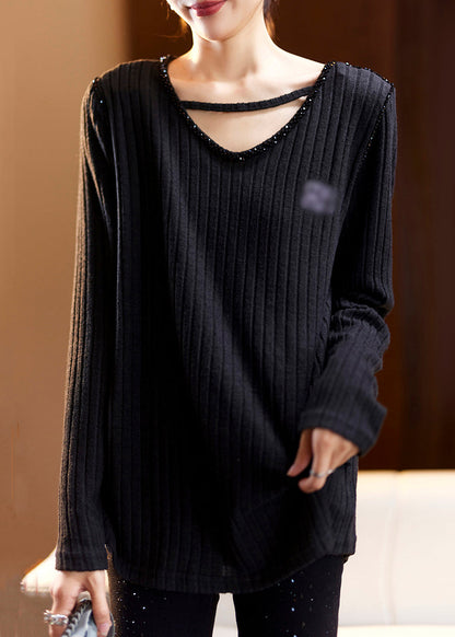 Coffee V Neck Nail Bead Patchwork Knit Top Spring