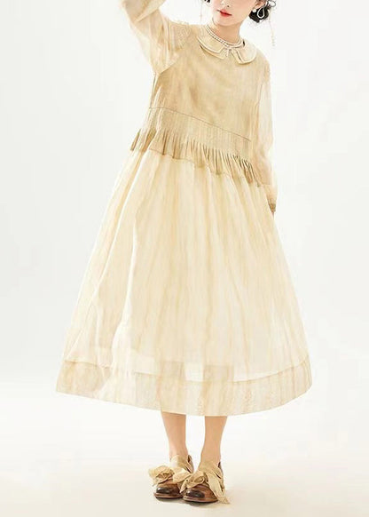 Khaki Double Layer Wrinkled Patchwork Cotton Long Dress Long Sleeve