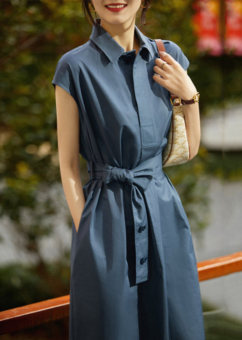 Navy Cinched Cotton Long Dress Summer