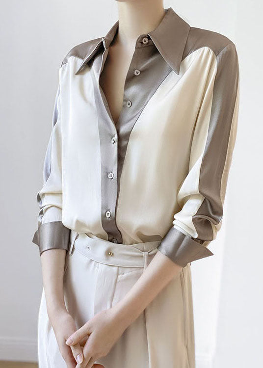 Diy Colorblock Peter Pan Collar Patchwork Silk Shirt Spring