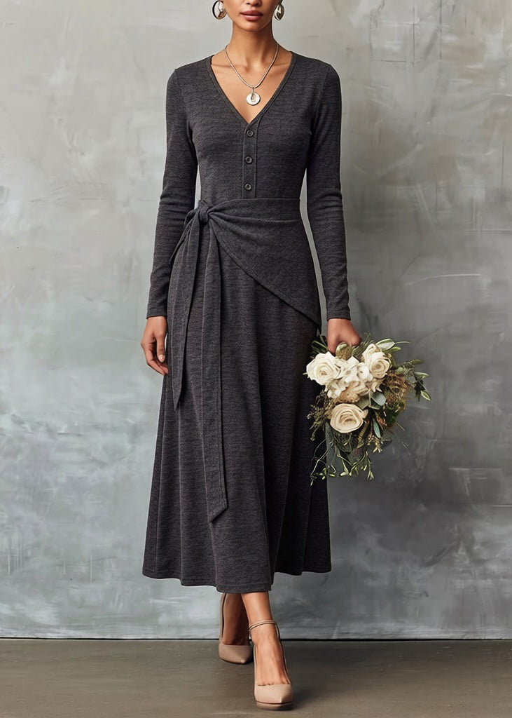 Slim Fit Grey V Neck Tie Waist False Two Pieces Knitting Cotton Dress Spring