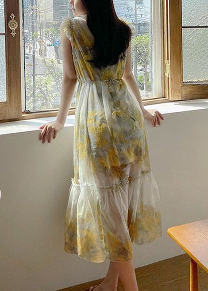 Yellow Ruffled Lace Up Chiffon Two Pieces Set Sleeveless